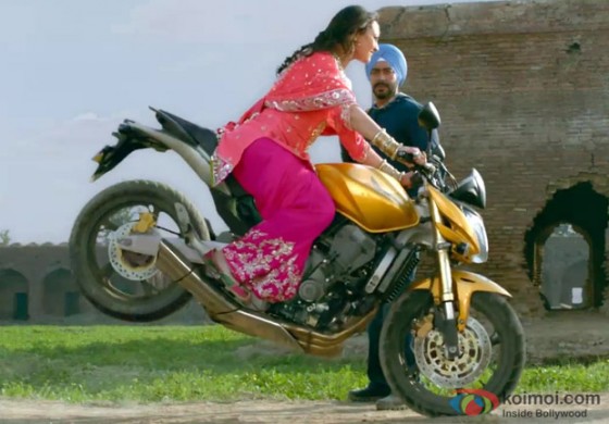 Sonakshi Sinha in a bike stunt in Son Of Sardar Movie Stills