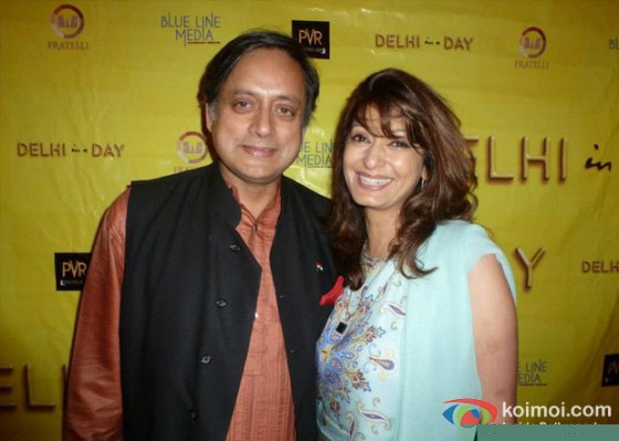 Shashi Tharoor and Sunanda Tharoor At Delhi In A Day Movie Screening
