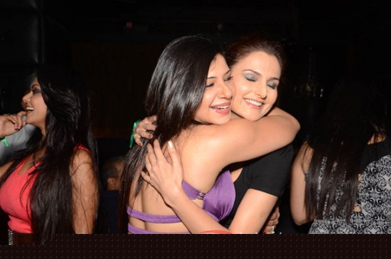Bollywood actresses Sambhavna Seth and Monica Bedi at her birthday party celebration in Mumbai