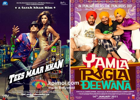 Akshay Kumar, Katrina Kaif (Tees Maar Khan Poster), Dharmendra, Sunny Deol, Bobby Deol (Yamla Pagla Deewana Poster)