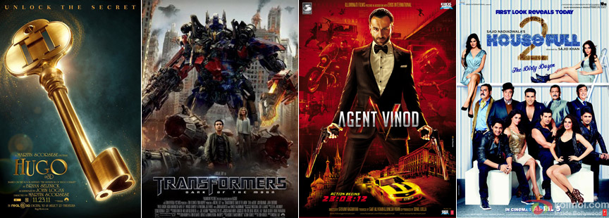 Hugo, Transformers: Dark Of The Moon, Agent Vinod & Housefull 2 Posters