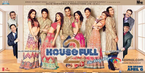 Mithun Chakraborty, Randhir Kapoor, Shazahn Padamsee, Ritesh Deshmukh, Asin Thottumkal, Akshay Kumar, Zarine Khan, Shreyas Talpade, Jacqueline Fernandez, John Abraham, Boman Irani, Rishi Kapoor in Housefull 2 Movie Poster