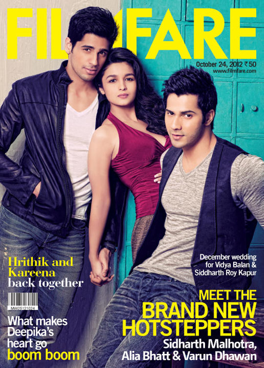 Student Of The Year Team Sidharth Malhotra, Alia Bhatt and Varun Dhawan On Filmfare Magazine's October 2012 Issue Cover Page