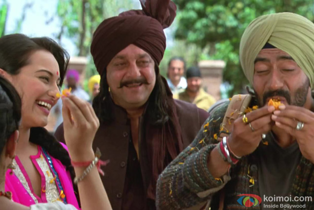 Sonakshi Sinha, Sanjay Dutt and Ajay Devgn in a still from Son Of Sardaar Movie