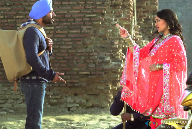 Ajay Devgn and Sonakshi Sinha in a still from Son Of Sardaar Movie