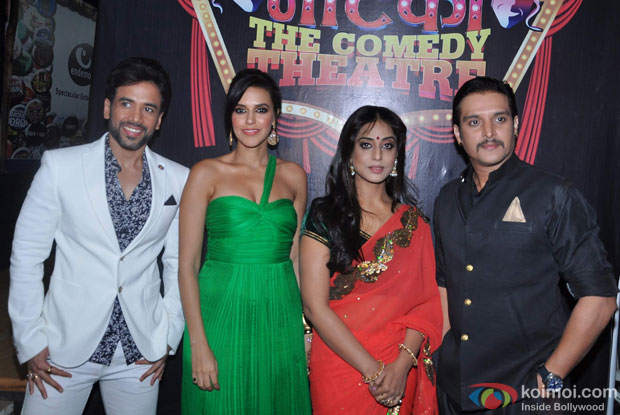 Tusshar Kapoor, Neha Dhupia, Mahie Gill and Jimmy Shergill on the sets of Nautanki: The Comedy Theatre show