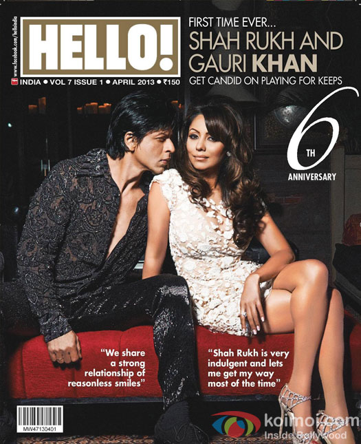 Shah Rukh Khan and Gauri Khan pose together on the cover of HELLO! Magazine April 2013 Anniversary Issue