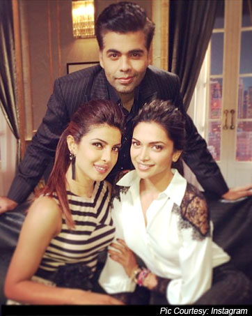 Priyanka Chopra and Deepika Padukone with Karan Johar on the sets of 'Koffee With Karan' Priyanka Chopra and Deepika Padukone with Karan Johar on the sets of 'Koffee With Karan'