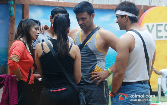 Tanishaa Mukherjee, VJ Andy, Sangram Singh and Ajaz Khan in Bigg Boss 7