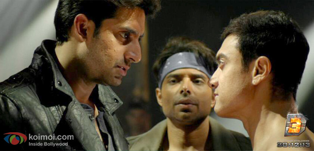 Abhishek Bachchan, Uday Chopra and Aamir Khan in a still from Dhoom 3