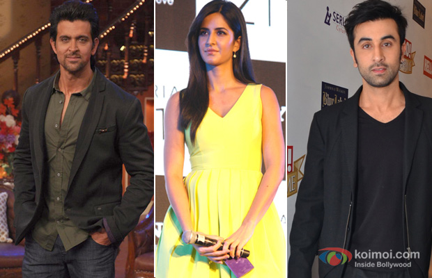 Hrithik Roshan, Katrina Kaif and Ranbir Kapoor at an event
