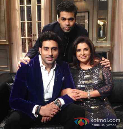 Abhishek Bachchan and Farah Khan with Karan Johar on the sets of ‘Koffee With Karan Season 4’