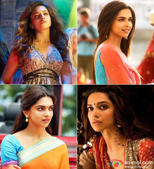 Deepika Padukone in a still from Race 2, Yeh Jawaani Hai Deewani, Chennai Express and Ramleela