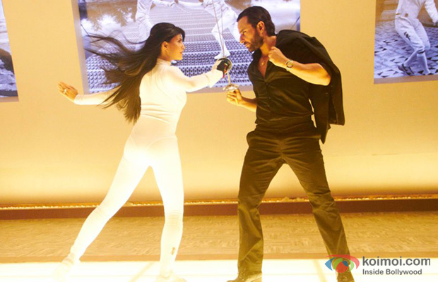 Jacqueline Fernandez and Saif Ali Khan in a still from Race 2