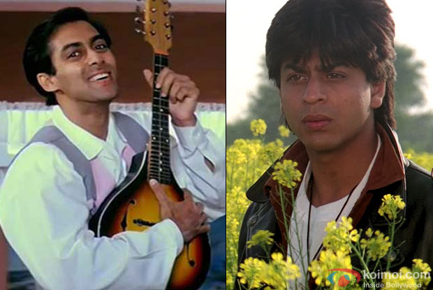 Salman Khan in a still from 'Hum Aapke Hain Koun..!' and Shah Rukh Khan in a still from 'Dilwale Dulhania Le Jayenge'