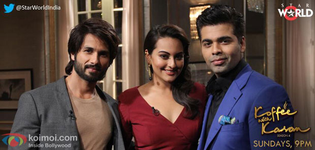 Shahid Kapoor, Sonakshi Sinha and Karan Johar on the sets of 'Koffee With Karan 4'