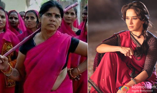 Sampat Pal still from 'Gulabi Gang' and Madhuri Dixit still from 'Gulaab Gang'