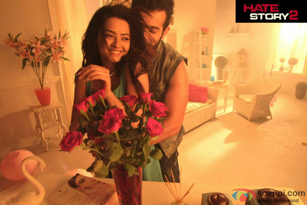 Jay Bhanushali and Surveen Chawla in a still from movie ‘Hate Story 2′