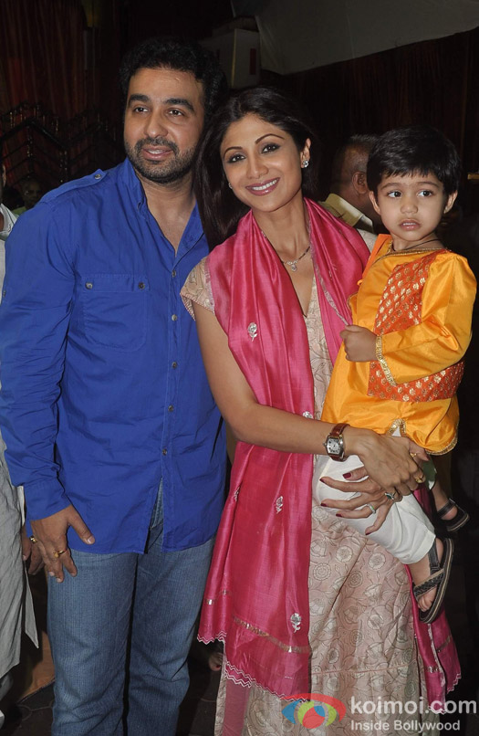 Raj Kundra, Shilpa Shetty and Viaan Raj Kundra at Iskon Temple