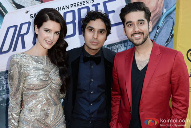 Isabel Kaif, Kunal Nayyar and Vinay Virmani during the Dr. Cabbie Cananda Premiere