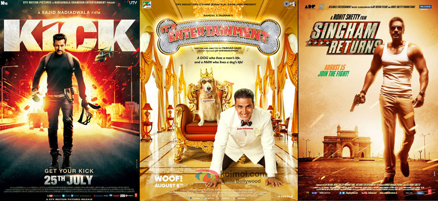 Kick, Entertainment and Singham Returns movie posters