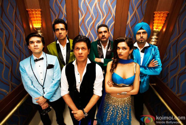 Vivaan Shah, Sonu Sood, Shah Rukh Khan, Boman Irani, Deepika Padukone and Abhishek Bachchan in a still from movie 'Happy New Year' Vivaan Shah, Sonu Sood, Shah Rukh Khan, Boman Irani, Deepika Padukone and Abhishek Bachchan in a still from movie 'Happy New Year'