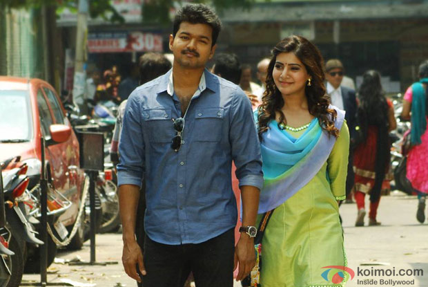 Vijay and Samantha Ruth Prabhu in a still from movie 'Kaththi'
