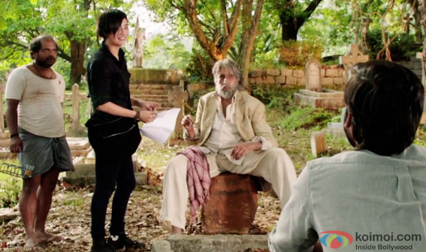 Akhshara Haasan, Amitabh Bachchan and Dhanush in a still from movie 'Shamitabh'
