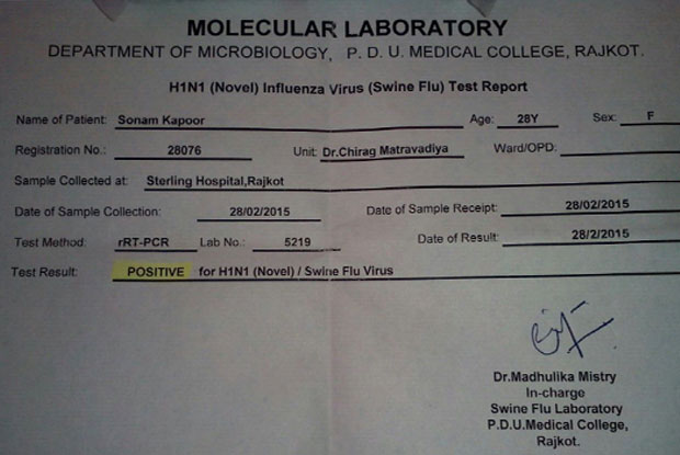 Sonam Kapoor's H1N1 Lab Report Sonam Kapoor's H1N1 Lab Report