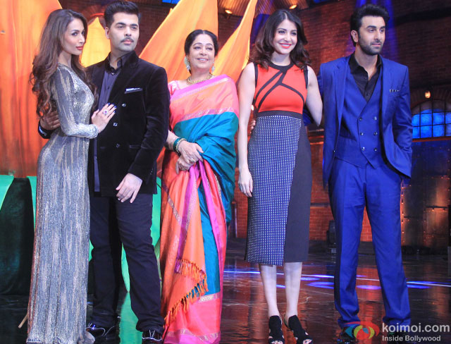 Malaika Arora Khan, Karan Johar, Kirron Kher, Anushka Sharma and Ranbir Kapoor during the promotion of movie 'Bombay Velvet' on the sets of 'India's Got Talent 2015'
