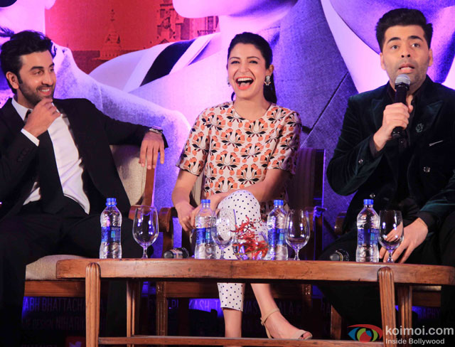 Ranbir Kapoor, Anushka Sharma and Karan Johar during the launch of second trailer of movie 'Bombay Velvet'