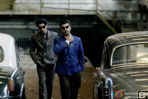 Ranbir Kapoor and Karan Johar in a still from movie 'Bombay Velvet'