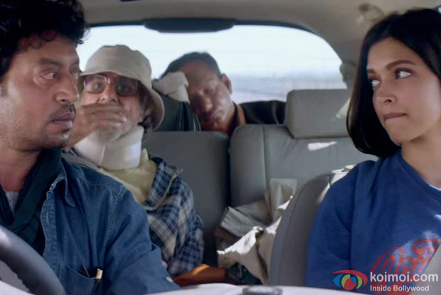 Irrfan Khan, Amitabh Bachchan and Deepika Padukone in a still movie 'Piku'