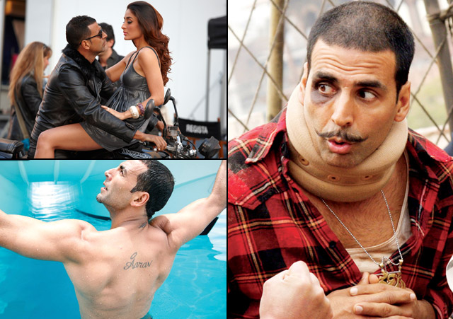 Akshay Kumar in a still from movie Kambakkht Ishq (2009), Blue (2009) and Chandni Chowk to China (2009)