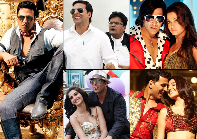 Akshay Kumar in a still from movie Tees Maar Khan (2010), Khatta Meetha (2010), Action Replayy (2010), Thank You (2011) and Patiala House (2011)