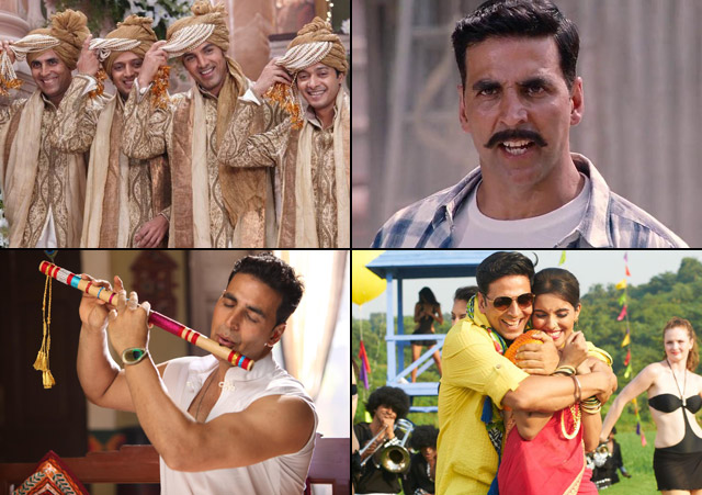 Akshay Kumar in a still from movie Housefull 2 (2012), Rowdy Rathore (2012), OMG – Oh My God! (2012) and Khiladi 786 (2012)