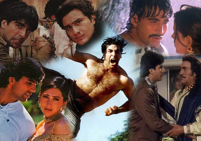Akshay Kumar in a still from movie Sabse Bada Khiladi (1995), Khiladiyon Ka Khiladi (1996), Tu Chor Main Sipahi (1996), Sapoot (1996) and Maidan-E-Jung (1995)