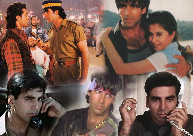 Akshay Kumar in a still from movie Tarazu (1997), Aflatoon (1997), Keemat – They Are Back (1998), Barood (1998) and International Khiladi (1999)
