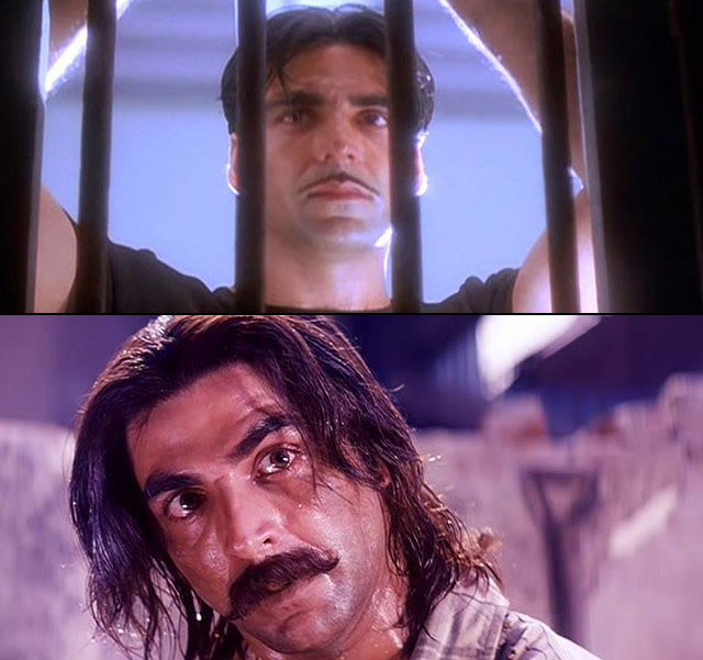 Akshay Kumar in a still from movie Sangharsh (1999) and Jaanwar (1999)