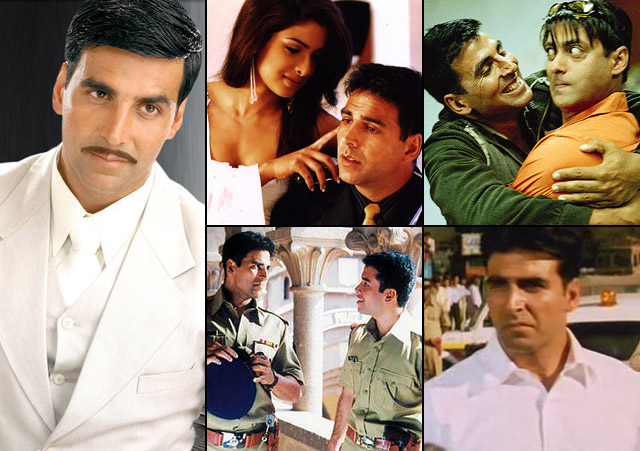 Akshay Kumar in a still from movie Ab Tumhare Hawale Watan Saathiyo (2004), Aitraaz (2004), Mujhse Shaadi Karogi (2004), Khakee (2004) and Aan: Men at Work (2004)