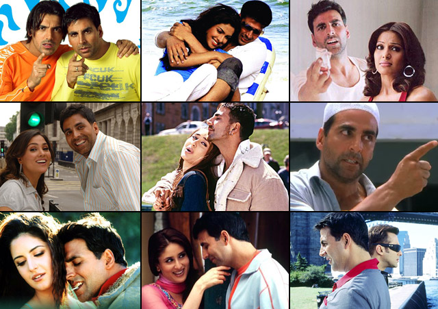 Akshay Kumar in a still from movie Garam Masala (2005), Waqt: The Race Against Time (2005), Phir Hera Pheri (2006), Bhagam Bhag (2006), Bewafaa (2005), Insan (2005), Humko Deewana Kar Gaye (2006), Dosti: Friends Forever (2005) and Jaan-E-Mann (2006)