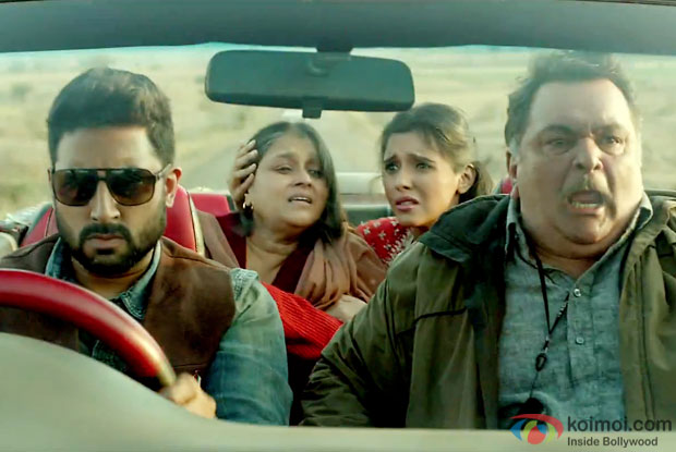 Abhishek Bachchan, Supriya Pathak, Asin and Rishi Kapoor in a still from movie 'All Is Well'