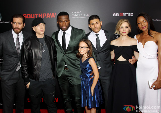 Jake Gyllenhaal, Oona Laurence and Rachel McAdams during the premiere of movie 'Southpaw'