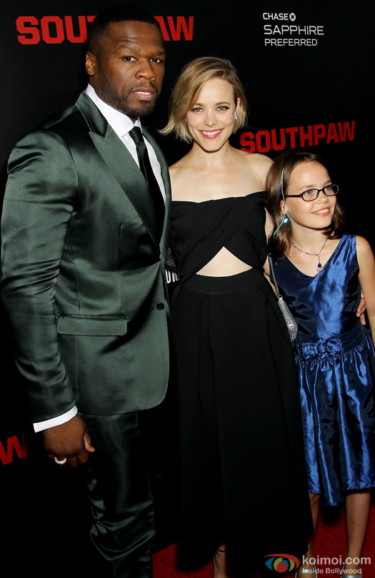Rachel McAdams and Oona Laurence during the premiere of movie 'Southpaw'