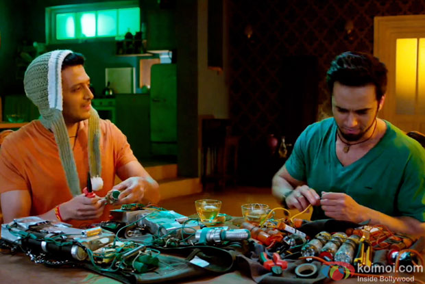 Riteish Deshmukh and Pulkit Samrat in a still from movie 'Bangistan'
