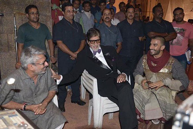 Sanjay Leela Bansali, Amitabh Bachchan and Ranveer Singh on the sets of Bajirao Mastani