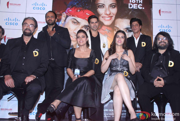 Kabir Bedi, Rohit Shetty, Varun Dhawan, Shah Rukh Khan, Kajol, Kriti Sanon, Varun Sharma and Pritam during the trailer launch of film Dilwale