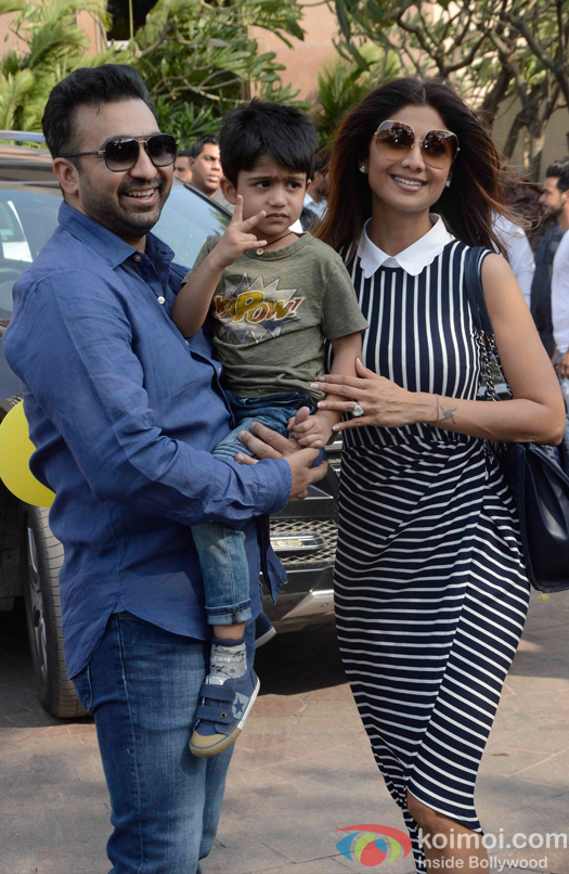 Shilpa Shetty with her son Viaan and husband Raj Kundra during Arpita Khans baby shower ceremony