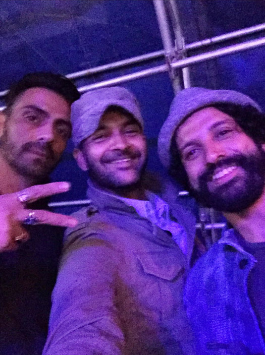 Arjun Rampal and Farhan Akhtar on the sets of Rock On 2