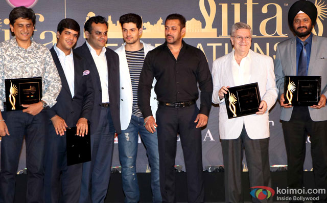 Sooraj Pancholi and Salman Khan during the 16th International Indian Film Academy (IIFA) Awards Press Conference